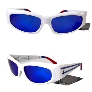 LE SPECS Adam Selman The Edge Sunglasses NEW White WIth Blue Mirror Lenses